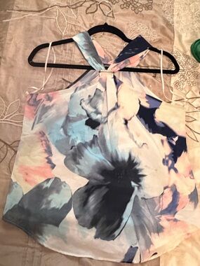 Calvin Klein Sleeveless Floral Halter Camisole in Pastel Blue, Pink & Navy